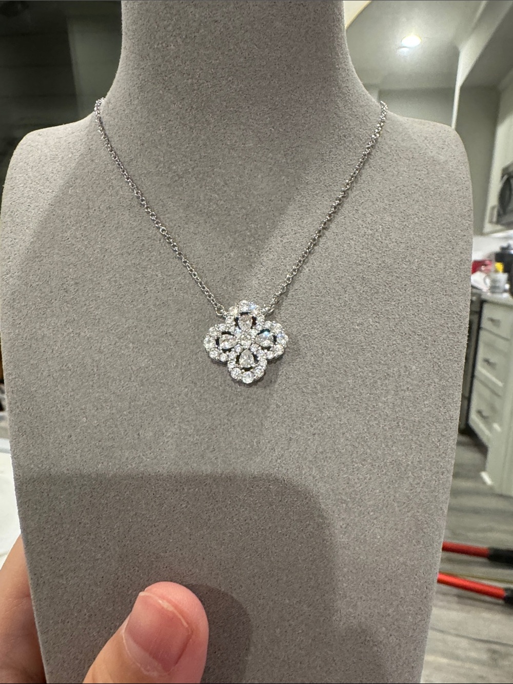 HW Style Loop Motif Clover Flower CZ Pendant Necklace